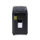 Office paper and credit card shredder with micro-cut P-4 security, black plastic housing, 8.5-gallon bin