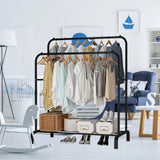 Double Rods Multi-functional Freestanding Bedroom Clothes Rack w/ Wheel