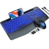 Keyboard and Mouse Backlits, Wrist Rest, LED Mouse, Rechargeable Ergonomic Keyboard with Phone Holder