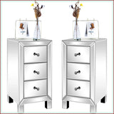 3-Drawer Mirrored Nightstand Set of 2, Glass End Table for Bedroom, Silver