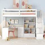 Twin Loft Bed Solid Wood L-Shaped Desk Storage Stairs LED Lights Shelves