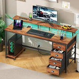 55 Inch Computer Desk Gaming with 4 Fabric Drawers Power Outlets and LED Lights for Home