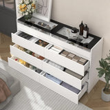 8 Drawer Dresser with LED Light, Modern Chest of Drawers with Hidden Handles and Glass Top for Bedroom