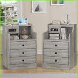 Nightstand Set 2, Grey Side Table with Charging Station, 3 Drawers, Modern