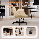 TCGBKAF Beige Criss Cross Chair with Adjustable Arms PU Leather Swivel Vanity Chair with Side Pockets Ergonomic Cross Legged Office Chair with Wheels Adjustable Height Computer Desk Chair