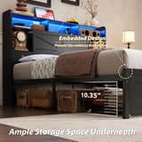 Full Bed Frame With Storage Headboard, LED Light & Charging, Customized