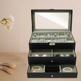 3 Tier Watch & Jewelry Box w/ 12 Watch Slots Tip Tier and 2 Pull -Out Drawers
