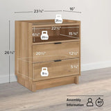 Oak Nightstand with 2 Drawers and Open Shelf, 23.75W x 26.75H x 16D