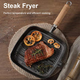 Cast Iron Skillet Steak Pan with Wooden Handle Uncoated Non-stick Frying Pan