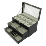 3 Tier Watch & Jewelry Box w/ 12 Watch Slots Tip Tier and 2 Pull -Out Drawers