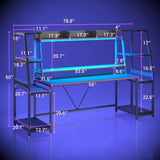 Gaming Desk 78.8'' with LED Lights, Hutch and Storage Shelves, Computer Desk with Monitor Stand,