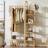 Solid Wood Clothing Rack with 4 Shelves Storage and 5 Wooden Hooks Clothes Rack,Multi-functional Coat Rack for Clothes, Shoes, B