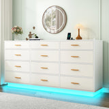12 Drawer Dresser for Bedroom, 63'with Power Outlets & LED Lights