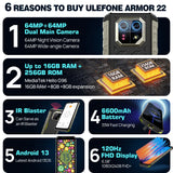 Ulefone Armor 22 Rugged Phone ,16GB (8GB+8GB) RAM ,128GB/256GB ROM , Android 13 Smartphone