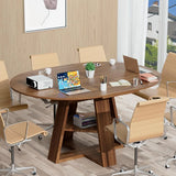 43-59in Extendable Round Conference Table for 4-8, Oval Wooden Meeting Table with Storage Shelf