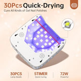 UV LED Nail Lamp 72W Rechargeable Sparkly Wireless Nail Dryer Gel Polish Light with 5 Timer Setting