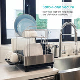 2-Tier Stainless Steel Dish Drying Rack with Drain Pipe & Utensil Holders