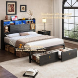 Full Bed Frame With Storage Headboard, Farmhouse Wood Bed Frame Full Size With 4 Drawers