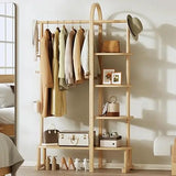 Solid Wood Clothing Rack with 4 Shelves Storage and 5 Wooden Hooks Clothes Rack,Multi-functional Coat Rack for Clothes, Shoes, B