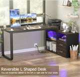 L Shaped Desk with File Cabinet & Power Outlet, Reversible 55 Inch Large