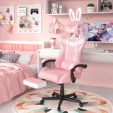 Pink Gaming Chair with Footrest, Bunny Ears, Ergonomic Design for Girls, Women