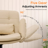 TCGBKAF Beige Criss Cross Chair with Adjustable Arms PU Leather Swivel Vanity Chair with Side Pockets Ergonomic Cross Legged Office Chair with Wheels Adjustable Height Computer Desk Chair