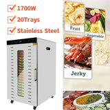 1700W Commercial Food Dehydrator 20 Stainless Steel Trays, Large Machine Capacity Food Dryer
