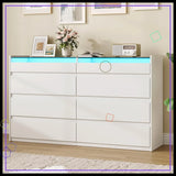 8 Drawer Dresser with LED Light, Modern Chest of Drawers with Hidden Handles and Glass Top for Bedroom