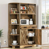 67.3 Farmhouse Kitchen Pantry Storage Cabinet with Power Outlet Freestanding Hutch