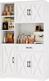 Tall Farmhouse-Style Kitchen Pantry Cabinet with Microwave Stand and Barn Door Design