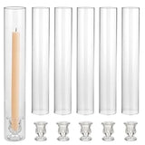 Set of 6 Tall Taper Candle Holder w/ 12" Tall Clear Cylinder Covers for Table