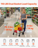 Jumbo Folding Grocery Cart with Double Baskets 360 Swivel Wheels Large Capacity Utility Cart for Shopping