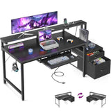 Computer Desk with Drawers 55" Office Desk with Keyboard Tray and Power Outlet Reversible Study Work Desk with Printer Space an