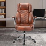 Brown Leather Office Chair with Flip up Arms, High Back Ergonomic Executive Office Chairs