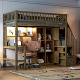 Twin Loft Bed Solid Wood L-Shaped Desk Storage Stairs LED Lights Shelves