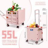 55L Foldable Utility Cart Folding Shopping Cart with Magnetic Lid Telescopic Handle Wear-Resistant