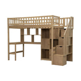 Twin Loft Bed Solid Wood L-Shaped Desk Storage Stairs LED Lights Shelves
