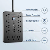 20 FT Flat Plug Surge Protector Power Strip, 11 AC Outlets with 6 USB Ports