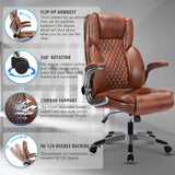 Brown Leather Office Chair with Flip up Arms, High Back Ergonomic Executive Office Chairs