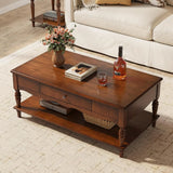 Vintage Solid Wood Coffee Table with 2 Drawers & Storage Shelf