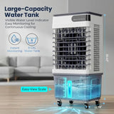 Portable evaporative air cooler for garage use, plastic housing, gray color