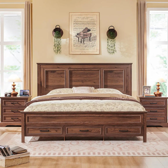 Farmhouse Queen Size Bed Frame with 52" Tall Headboard, Wood Platform ...