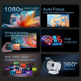 Home Android 14 WiFi6 BT5.4 Portable Movie Projector with 360° Correction