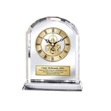 Diamond Cut Arch Clear Crystal Engraved Gold Gear Luxury Desk Clock