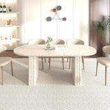 Oval Travertine-Inspired Dining Table for 4-8, Wooden Base, Suitable for Family