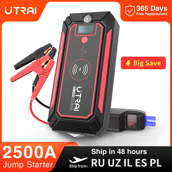 2500A Car Battery Starter Portable Power Bank 10W w/Wireless Charger, LED Light & Safety Hammer