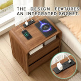 Walnut Nightstand Set of 2 with Charging Station, Drawers For Bedroom 21 In