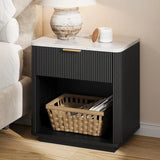 Fluted Nightstand Set of 2, Bedside Table with Faux Marble Top