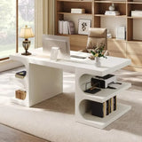 White Modern Wood Executive Office Desk 63 Computer Desk with Storage Shelves for Home Office