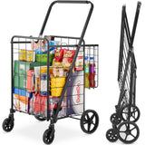 Folding Shopping Cart, Jumbo Grocery Cart With Double Baskets, 360Swivel Wheels, Heavy Duty Utility Cart, 110 LBS Large